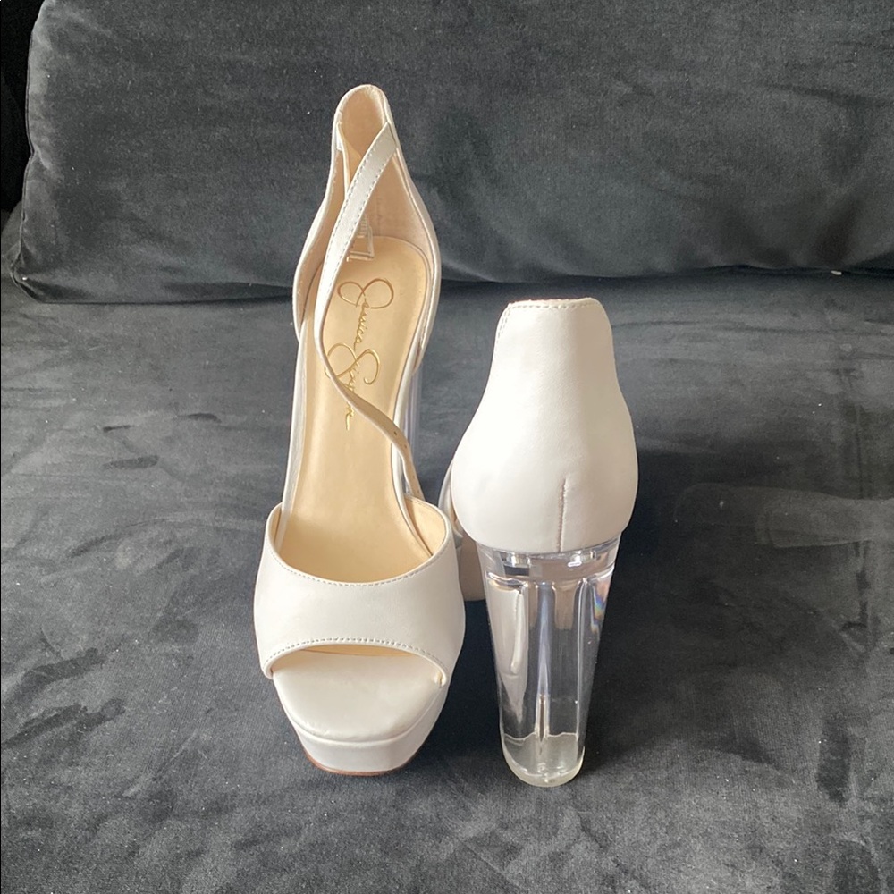White Peep-Toe Heels with Clear Acrylic Heel